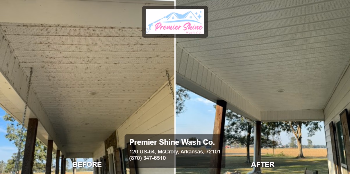 Before and after roof soft washing removing black algae by Premier Shine Wash Co. in McCrory, AR